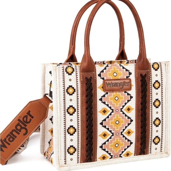 Western style canvas Aztec pattern top handle crossbody small tote - Picture 5 of 6